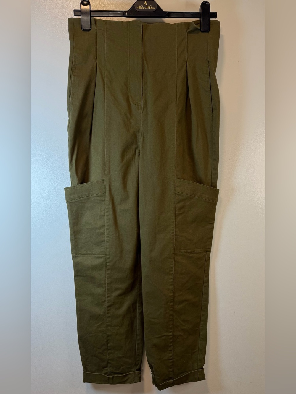 River Island Olive Cargo Pants Paper Bag elastic waist clean front Women’s 10